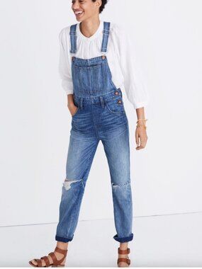 MADEWELL Relaxed Distressed Straight Leg Blue Denim Overalls Small